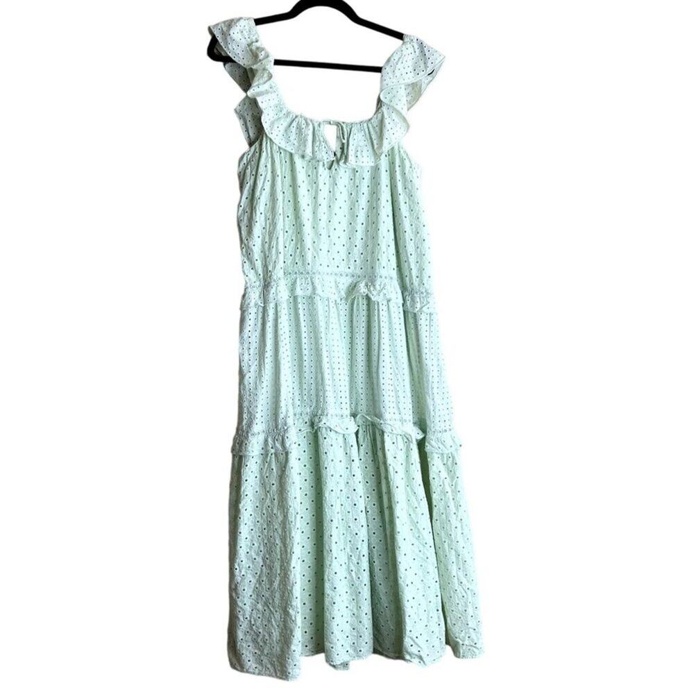 ZARA Mint Eyelet Ruffle Tiered Maxi Midi Dress Cottagecore Boho Summer US 8